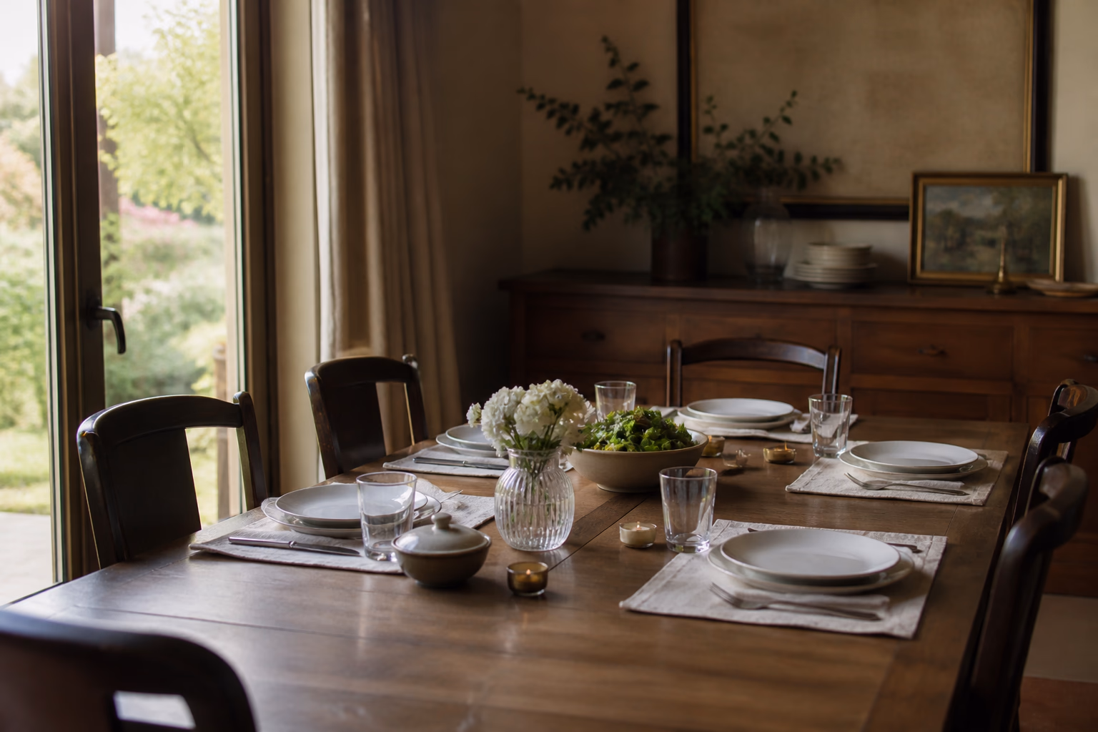 A warm dining table set for a family evening.