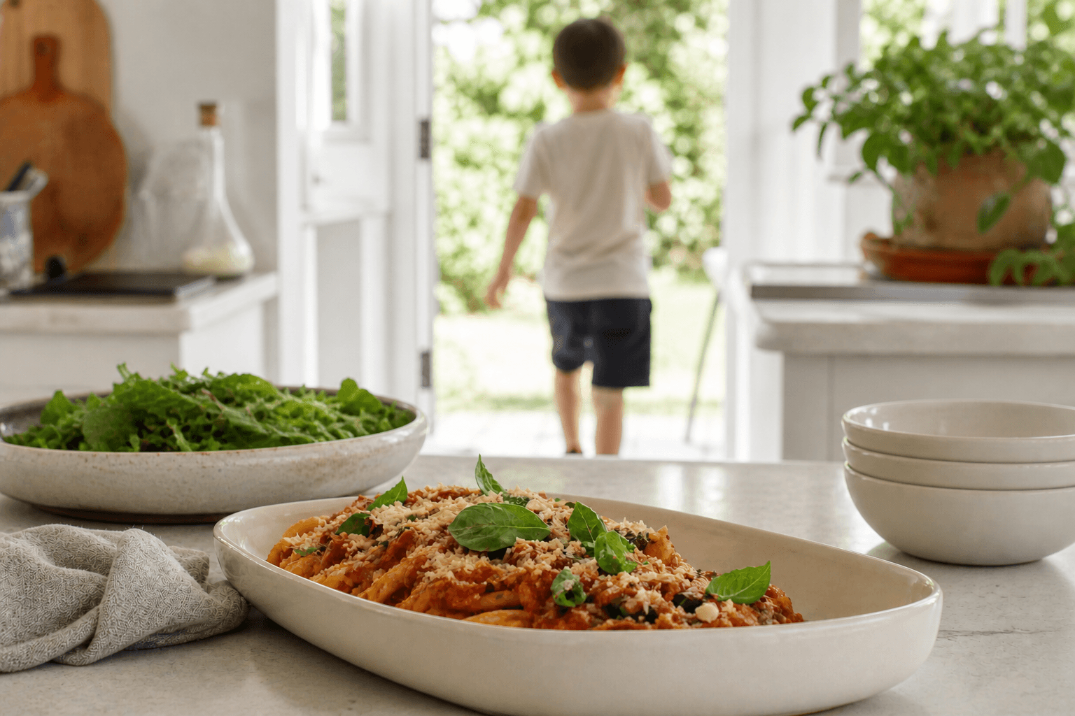 Homecooked pasta meal on the kitchen counter as a young boy goes outside to play, dinner ready for the evening.