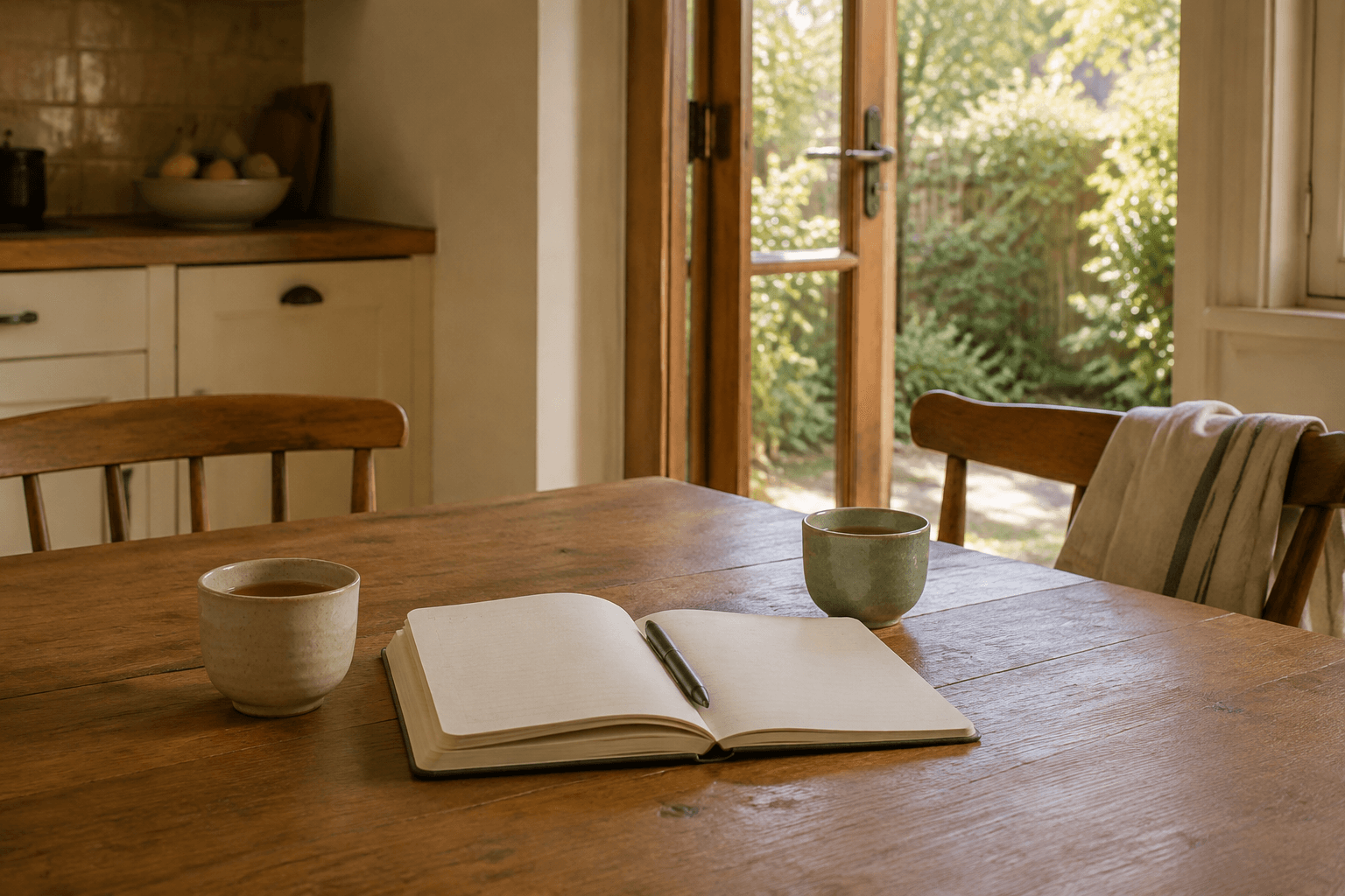 An open notebook and two ceramic cups of tea on a timber kitchen table, with linen over a chair and a sunlit garden through the open door.