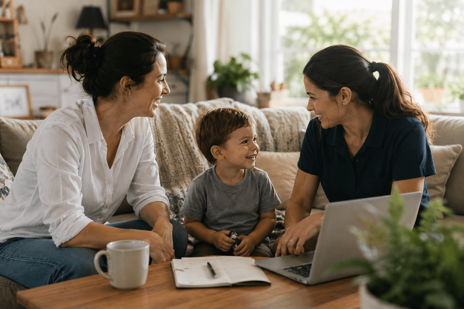 Two women sit on a couch with a small child between them, smiling, an open notebook, a mug and a laptop on the coffee table in late-afternoon daylight.