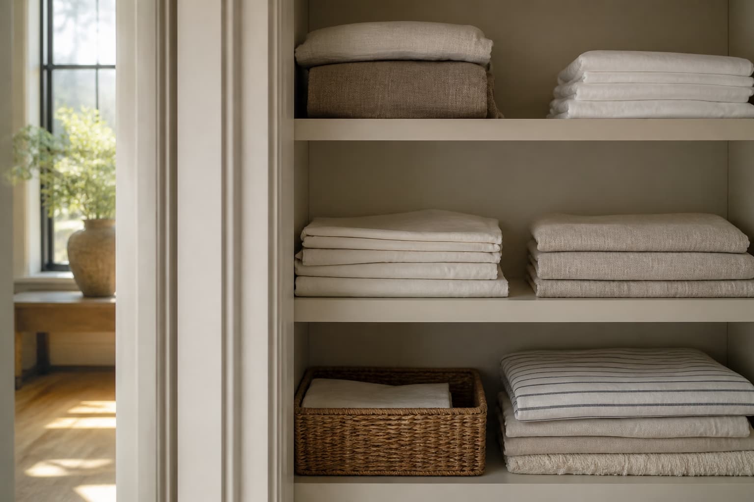 A tidy linen shelf in a well-kept Melbourne home.