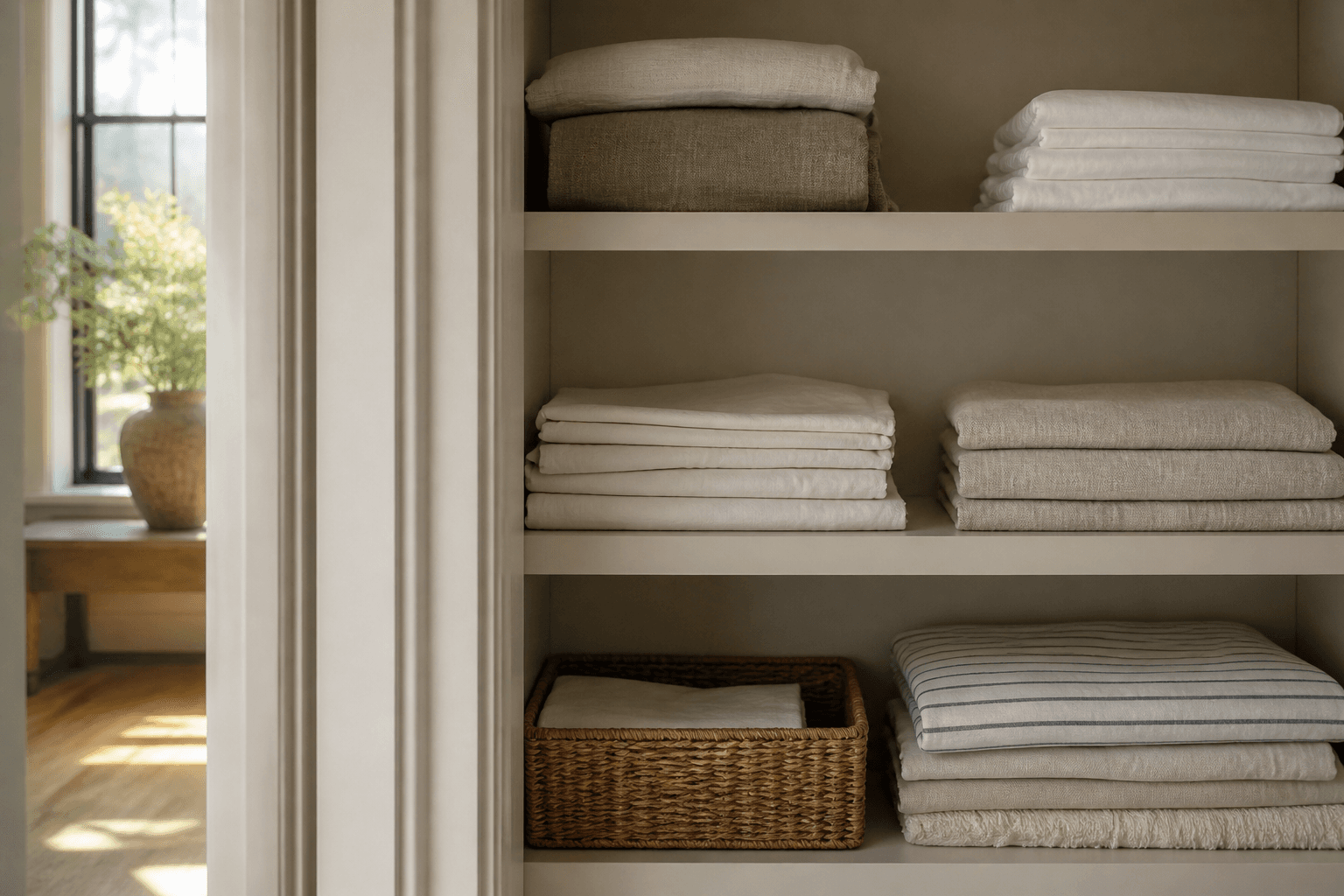 A tidy linen shelf in a well-kept Melbourne home.