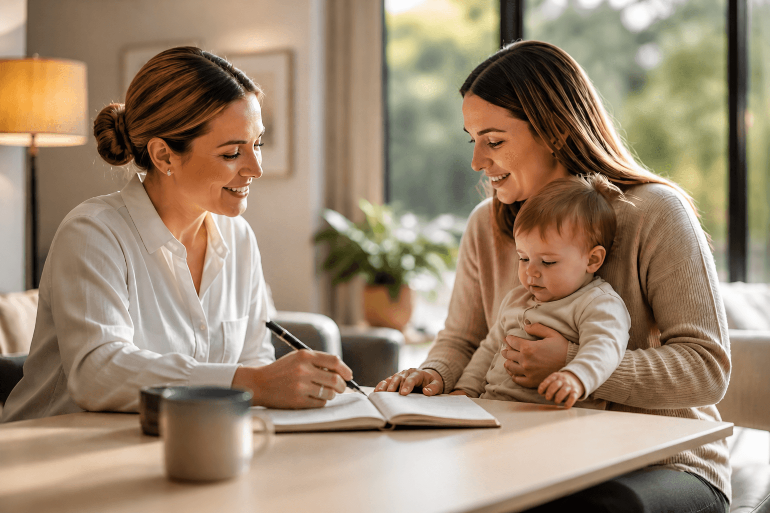 A house manager and a mother with her baby at the table, walking through the household notebook together.