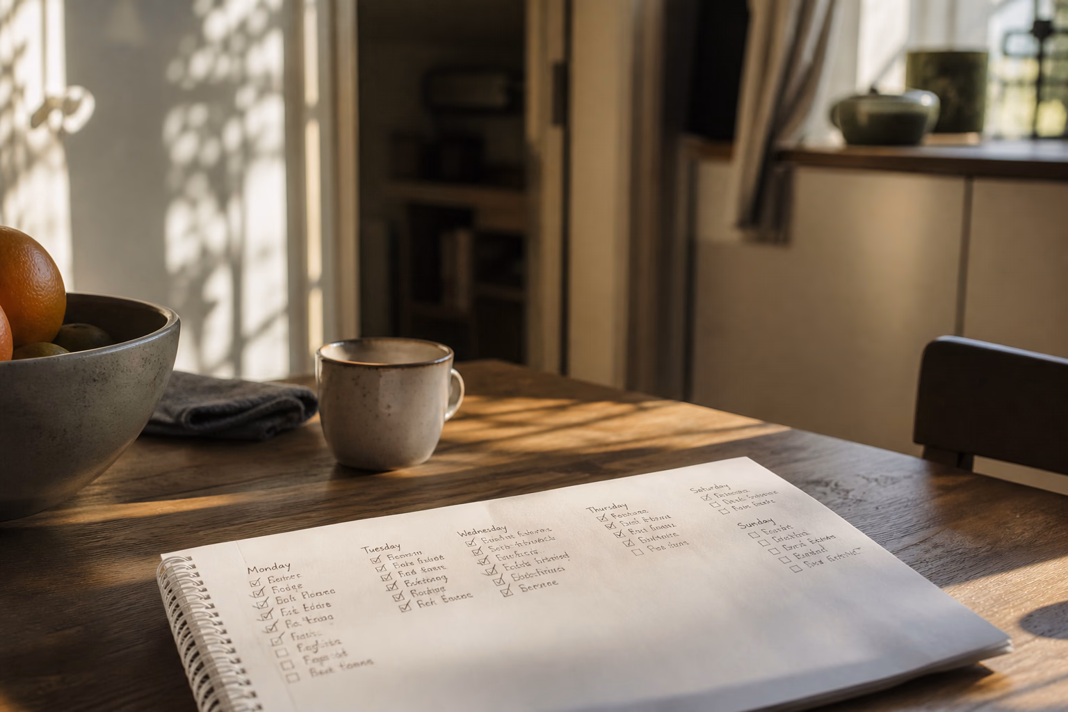 Two women sit on a couch with a small child between them, smiling, an open notebook, a mug and a laptop on the coffee table in late-afternoon daylight.