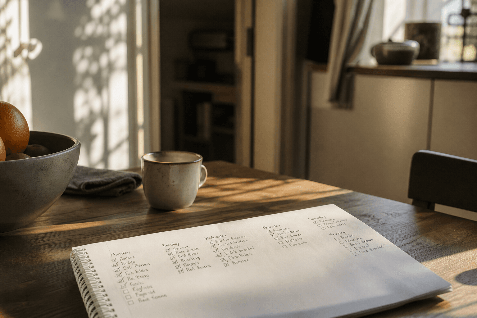 A handwritten weekly planner lying open on a kitchen table in morning light.